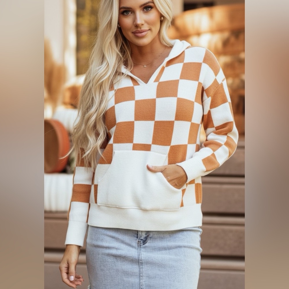Orange and White Checkered Women's Hoodie